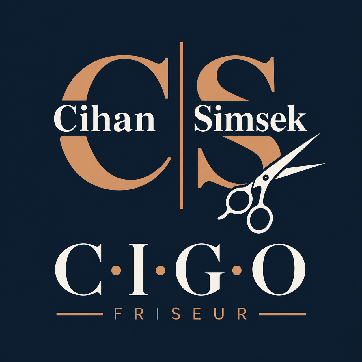 Cihan Simsek – bronzefarbenes C-S-Logo ohne Kamm, mit Schere und C·I·G·O Friseur auf Nachtblau
