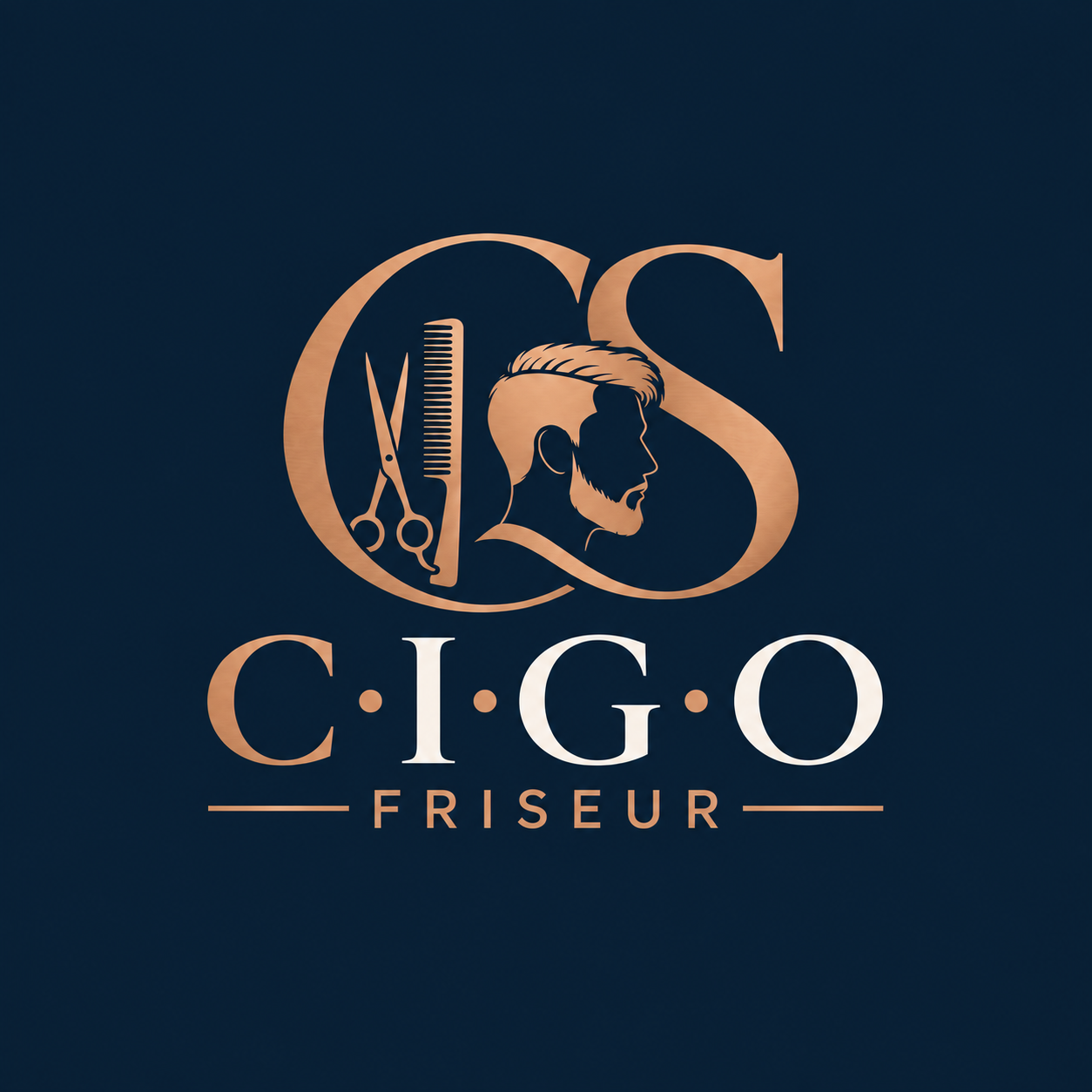 Bronzefarbenes CS-Logo mit Schere, Kamm und Haarprofil, darunter C·I·G·O mit drei mittigen Punkten und FRISEUR, ohne kleinen Slogan