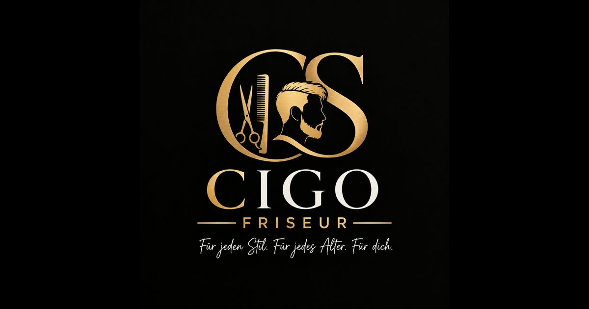 Alternative: goldenes C-S-Monogramm mit Schere, Kamm und Haarprofil, darunter CIGO Friseur