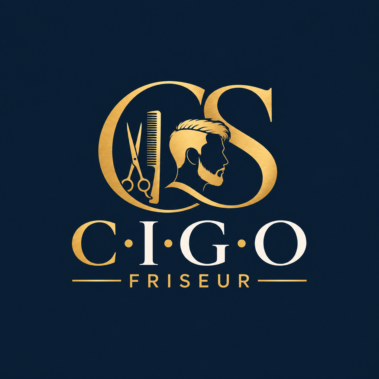 Goldene Version des CS-Logos mit Schere, Kamm und Haarprofil, C·I·G·O und FRISEUR auf Nachtblau, ohne kleinen Slogan